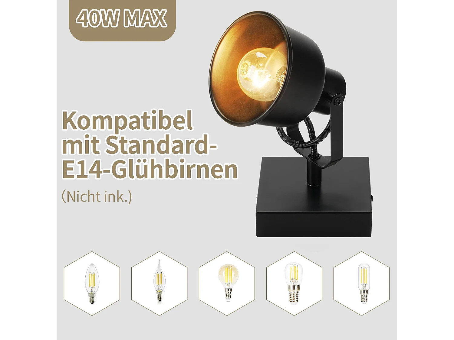 NETTLIFE Spot de plafond 1 flamme applique vintage E14 design rétro de haute qualité orientable 350° MAX.40W