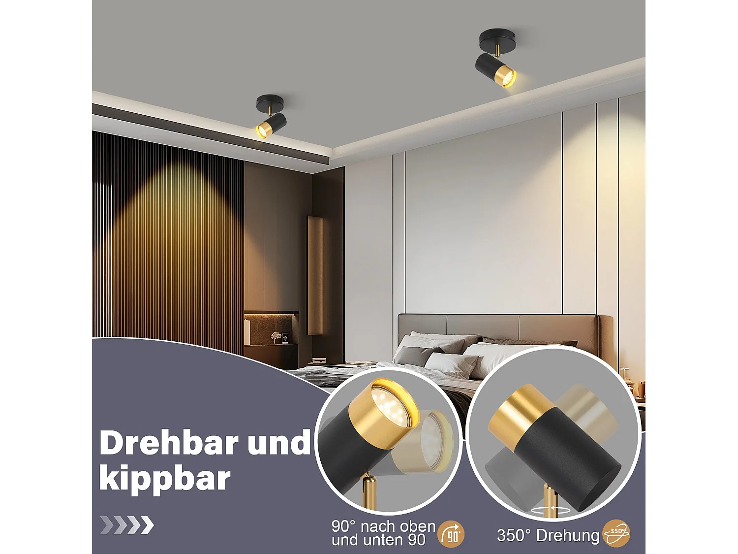 NETTLIFE Spot de plafond GU10 lampe de couloir noir or orientable à 350° vintage salon chambre cuisine