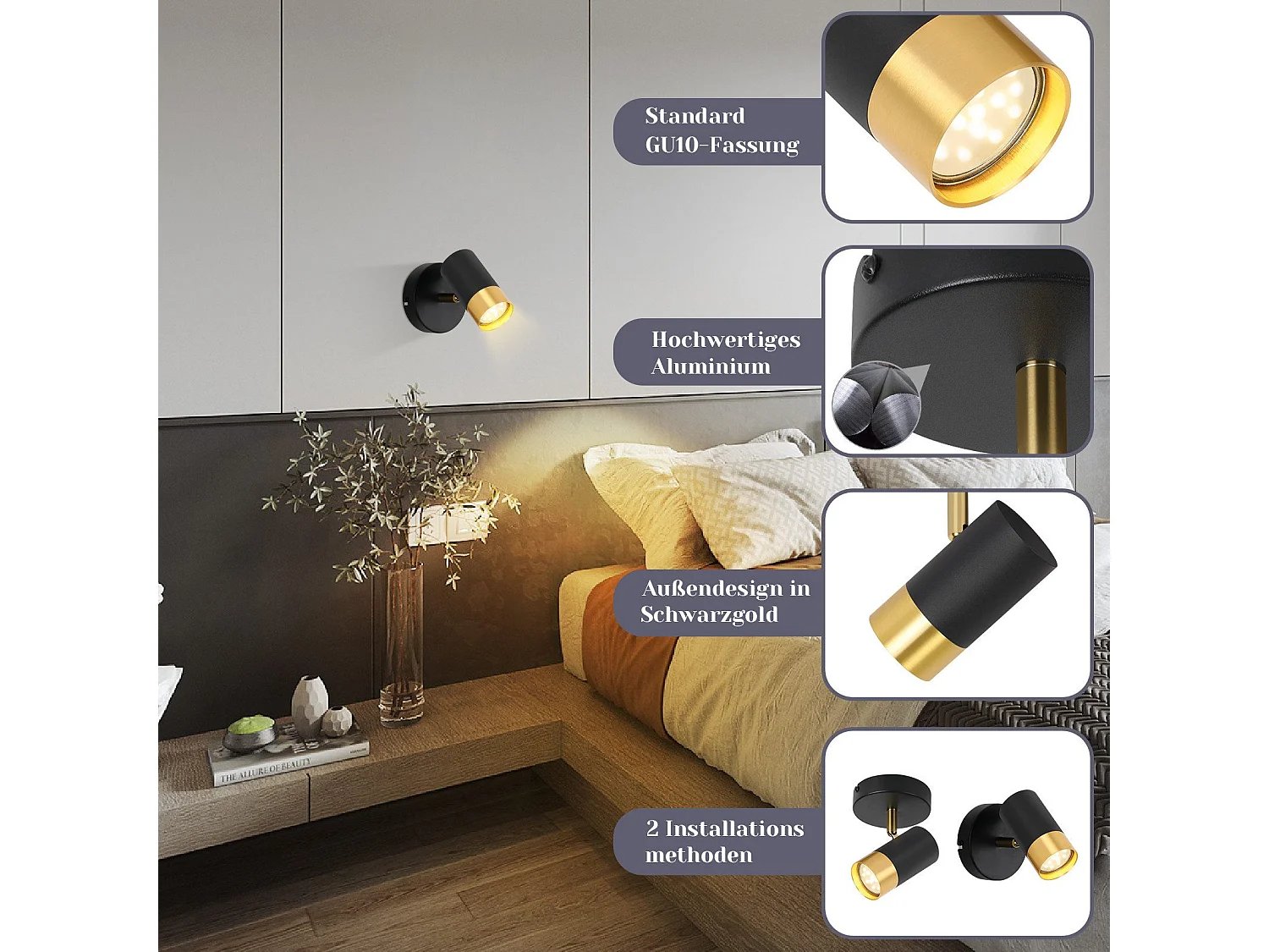 NETTLIFE Spot de plafond GU10 lampe de couloir noir or orientable à 350° vintage salon chambre cuisine