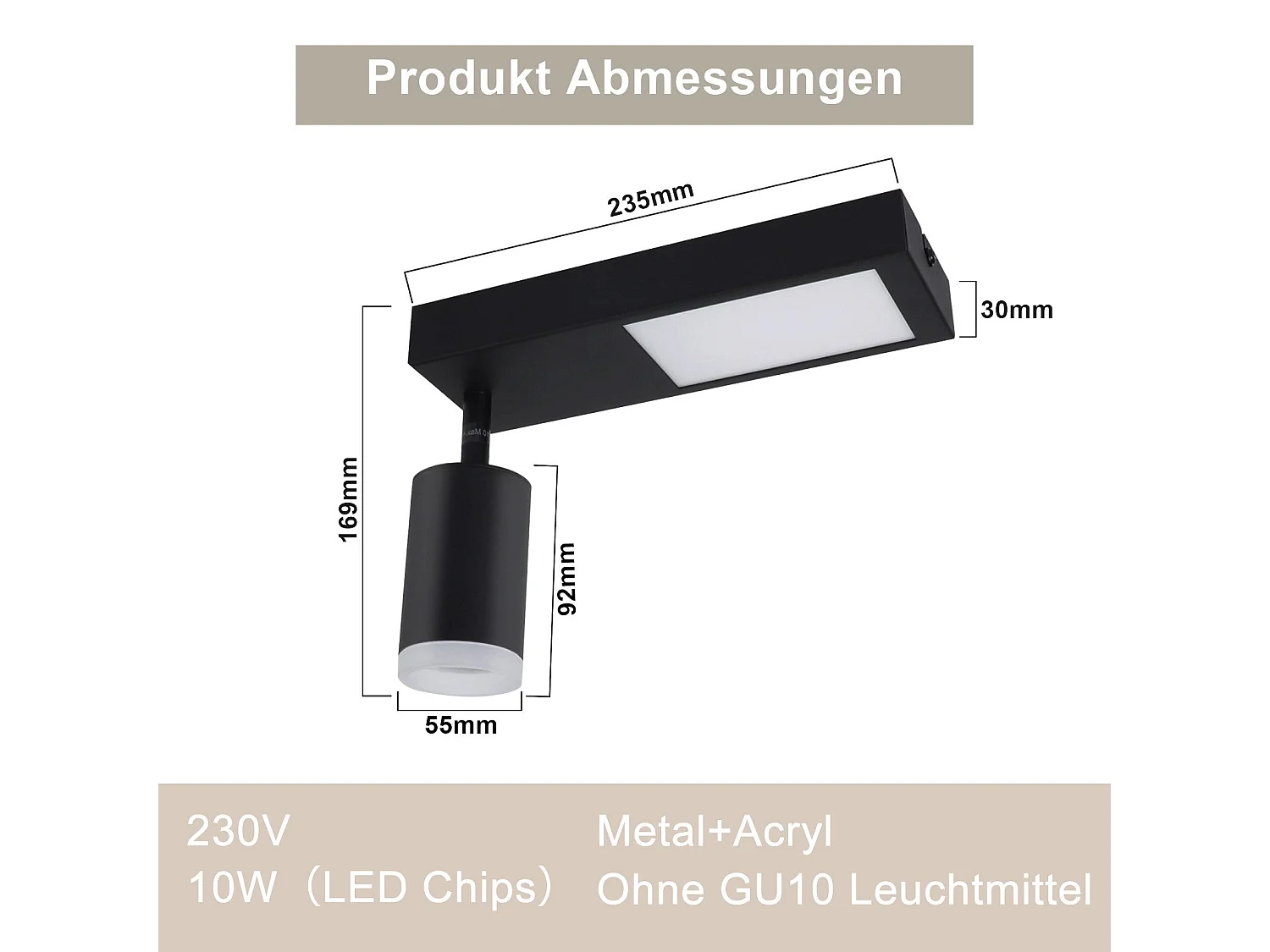 NETTLIFE Spot de plafond 1 ampoule GU10 chambre 3000k 20W lampe de cuisine noir blanc chaud orientable