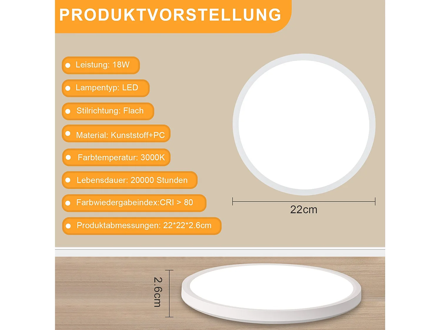 NETTLIFE Lampa sufitowa LED do łazienki, płaska, 30 cm,  okrągła, biała, do kuchni, nieściemnialna