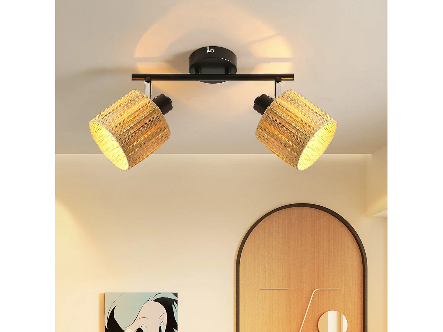 Spot De Plafond 2 Flammes E14 Noir Naturel Plafonnier Papier Salon