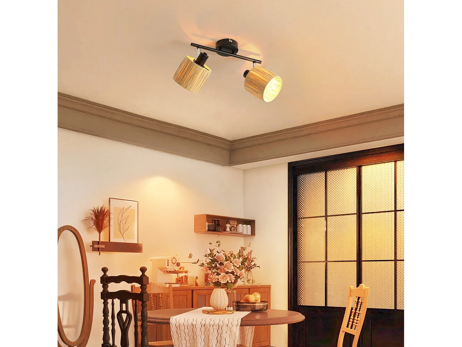 Spot De Plafond 2 Flammes E14 Noir Naturel Plafonnier Papier Salon