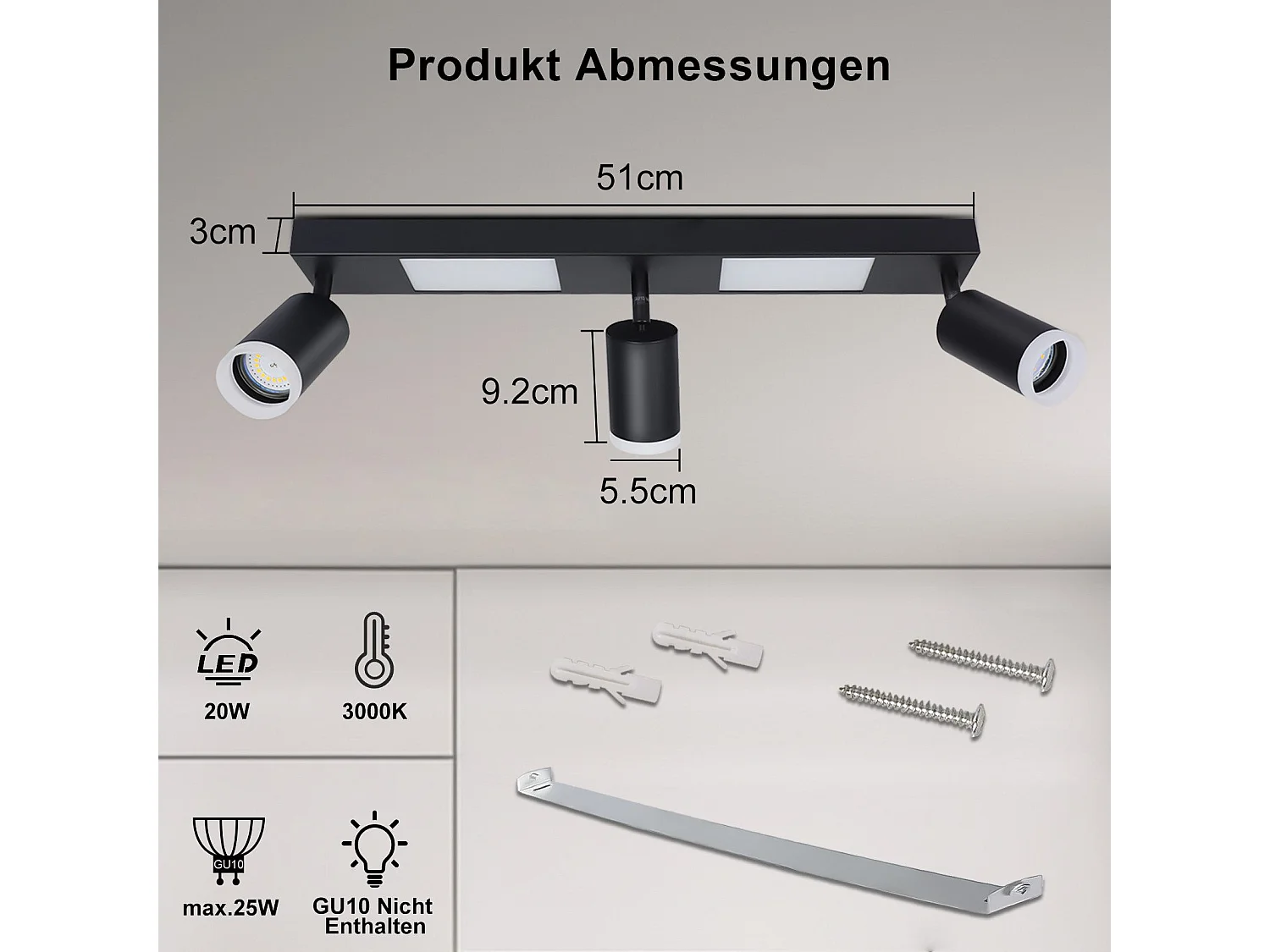 NETTLIFE Deckenstrahler 3-flammig GU10 Schlafzimmer 3000k 20W Küchenlampe schwarz warmweiß, verstellbar