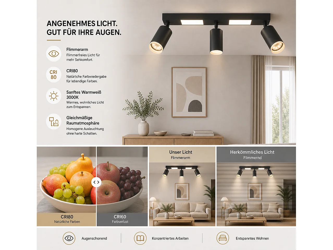 Nettlife Spot de plafond 3 ampoules GU10 chambre 3000 k 20 W lampe cuisine noir blanc chaud, orientable, Haute qualité et économie d'énergie, LED 000 K 20 W