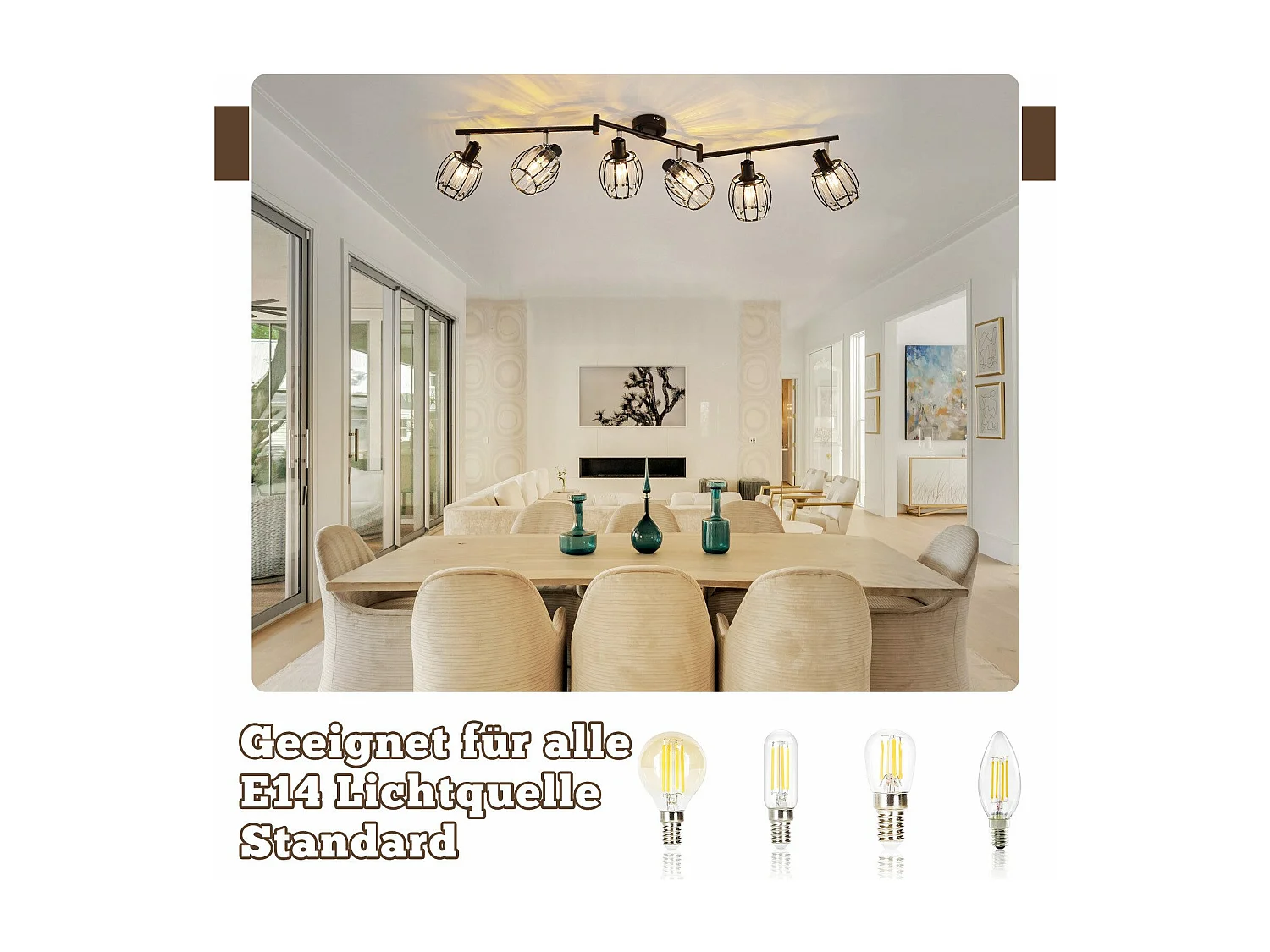 6er Vintage Black Crystal Ceiling Spotlight E14 Do Przemysłowego Korytarza Obrotowy 350°