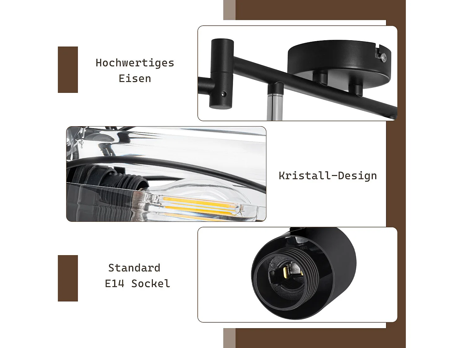 6er Vintage Black Crystal Ceiling Spotlight E14 Do Przemysłowego Korytarza Obrotowy 350°