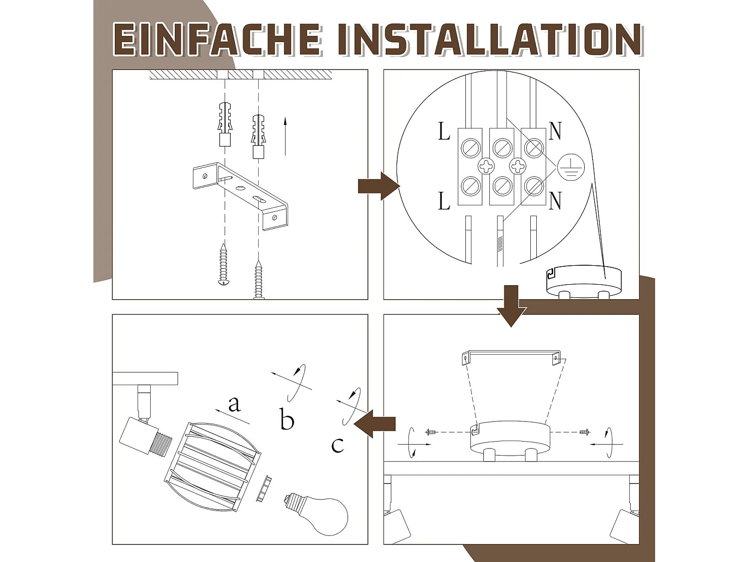 6er Vintage Schwarz Kristall Deckenstrahler E14 für Industrie Flur 350° Schwenkbar