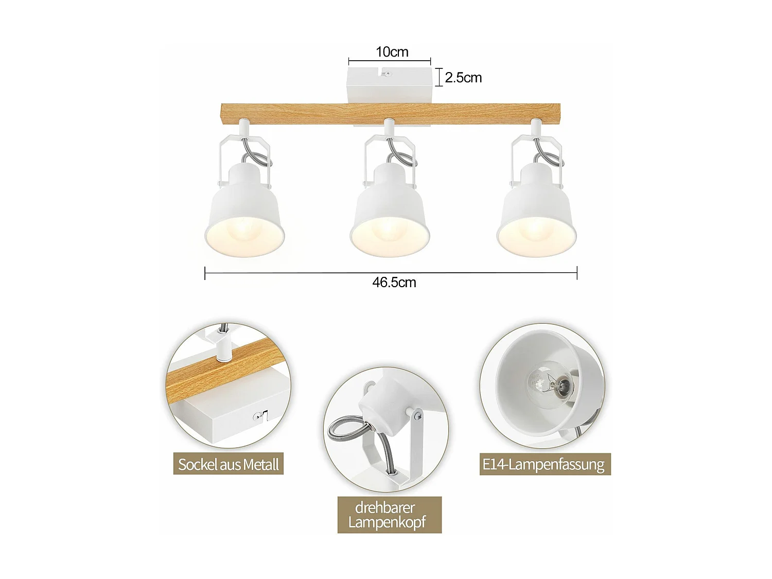 NETTLIFE Spot de Plafond 3 Flammes Orientable à 350° Vintage  E14 de conception de haute qualité en bois veiné