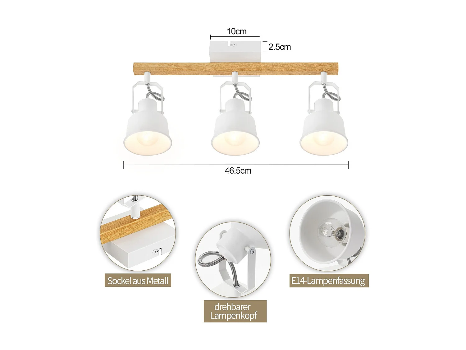 NETTLIFE Spot de Plafond 3 Flammes Orientable à 350° Vintage  E14 de conception de haute qualité en bois veiné