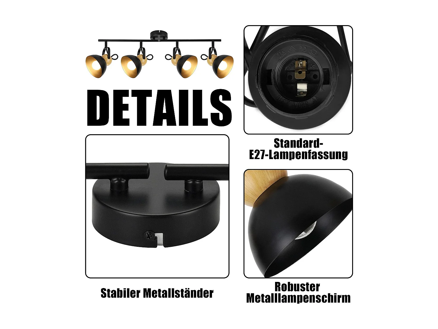 NETTLIFE Spot de plafond vintage noir E27 orientable 350° lampe de couloir rétro métal industriel 4 flammes