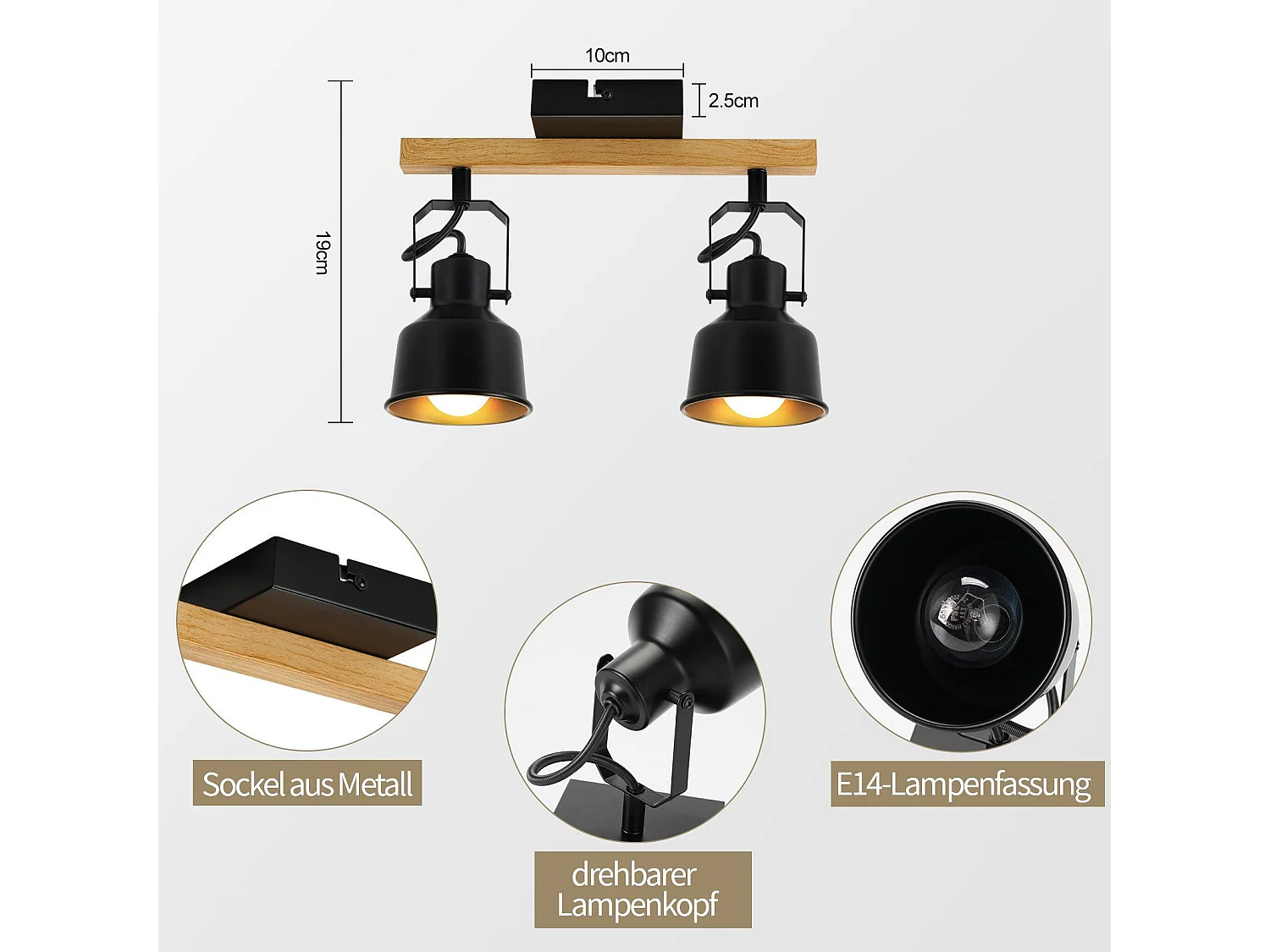 NETTLIFE Spot de Plafond 2 Flammes Orientable à 350° Vintage Douille E14 de conception de haute qualité en bois veiné