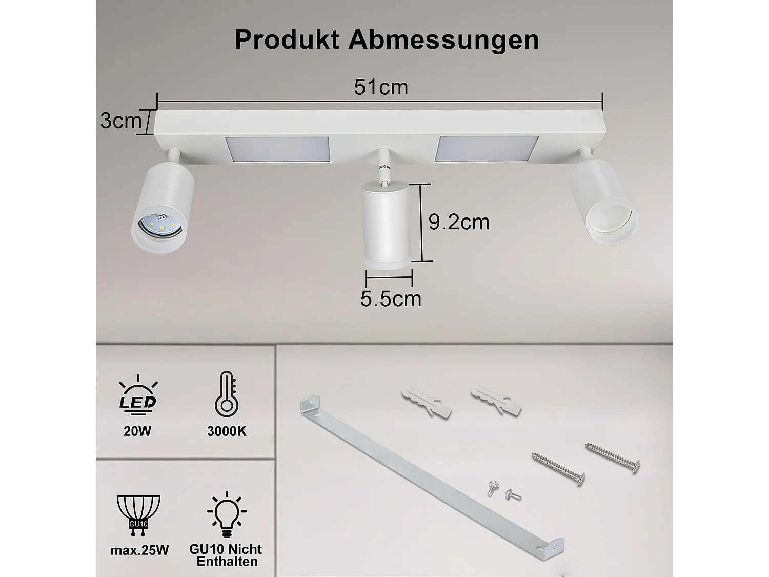 NETTLIFE Spot de plafond 3 ampoules GU10 chambre 3000k 20W blanc chaud orientable