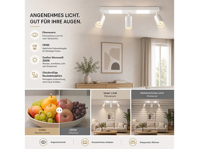 NETTLIFE Spot de plafond 3 ampoules GU10 chambre 3000k 20W blanc chaud orientable
