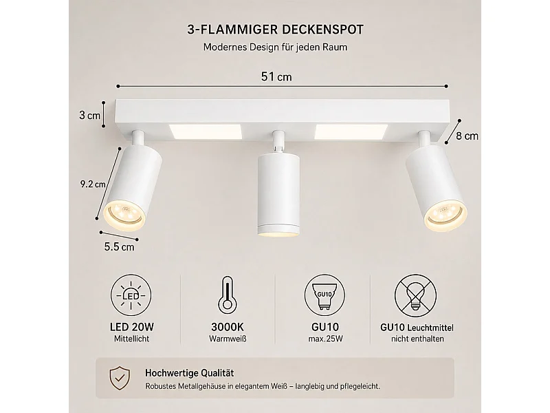 NETTLIFE Spot de plafond 3 ampoules GU10 chambre 3000k 20W blanc chaud orientable