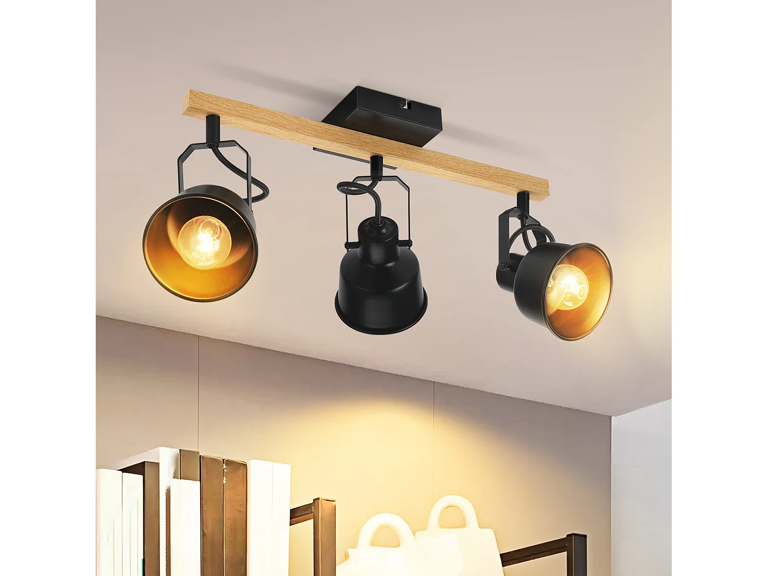 NETTLIFE Spot de Plafond 3 Flammes Orientable à 350° Vintage  E14 de conception de haute qualité en bois veiné