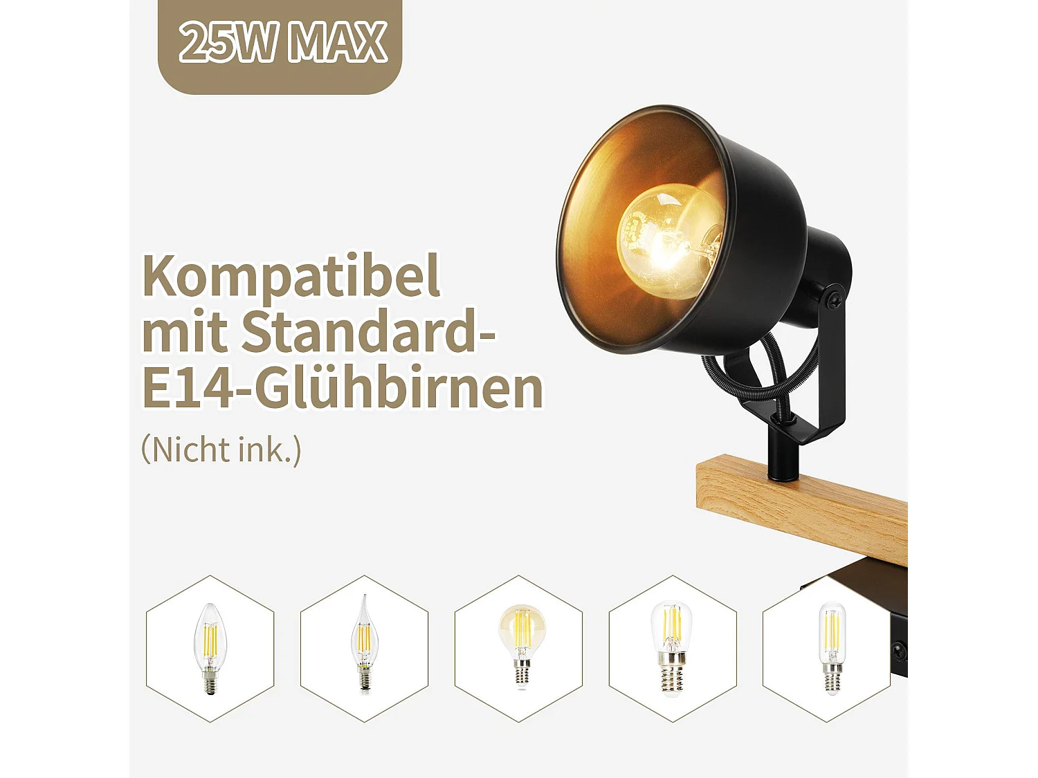 NETTLIFE Spot de Plafond 3 Flammes Orientable à 350° Vintage  E14 de conception de haute qualité en bois veiné