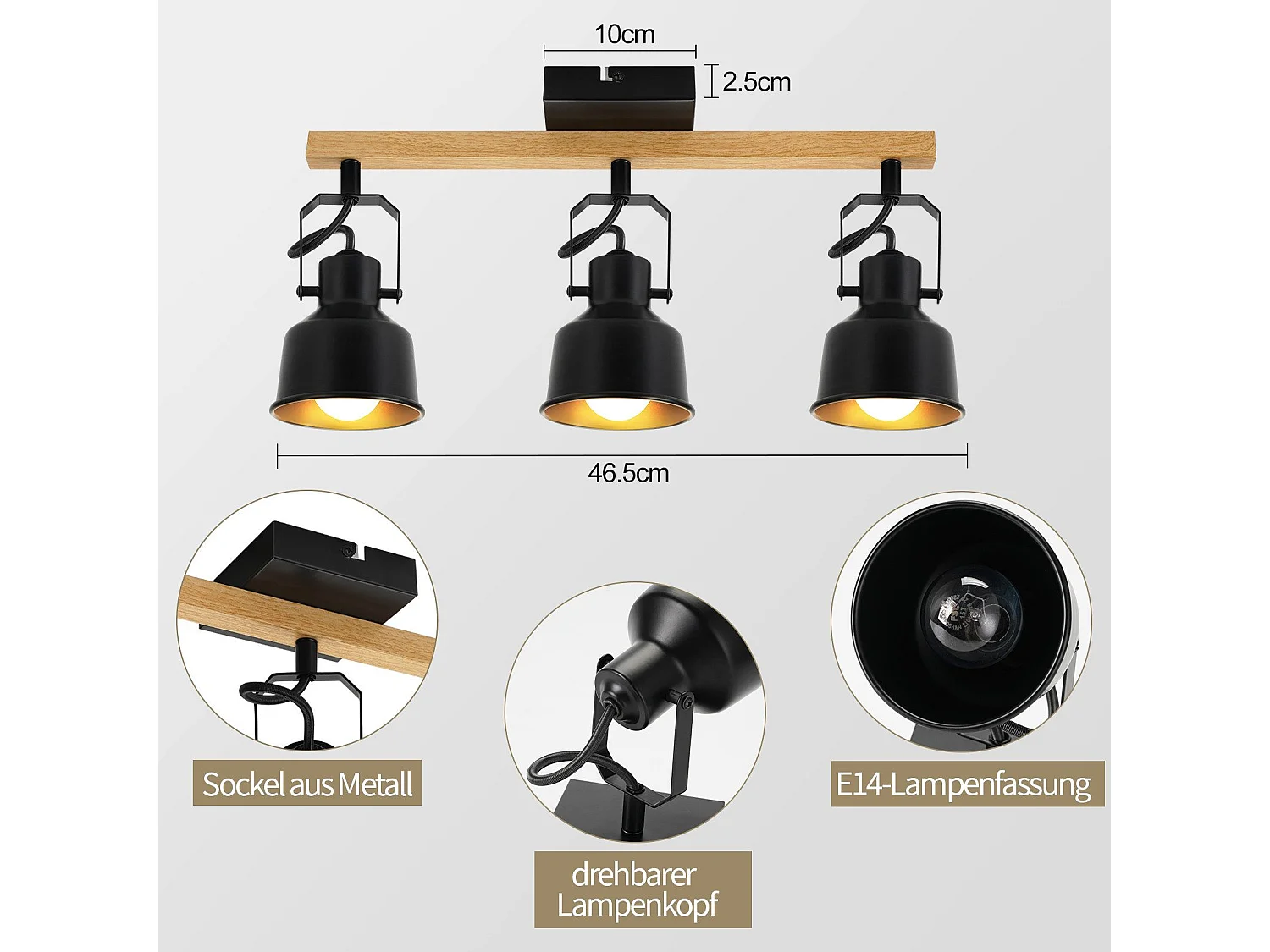 NETTLIFE Spot de Plafond 3 Flammes Orientable à 350° Vintage  E14 de conception de haute qualité en bois veiné