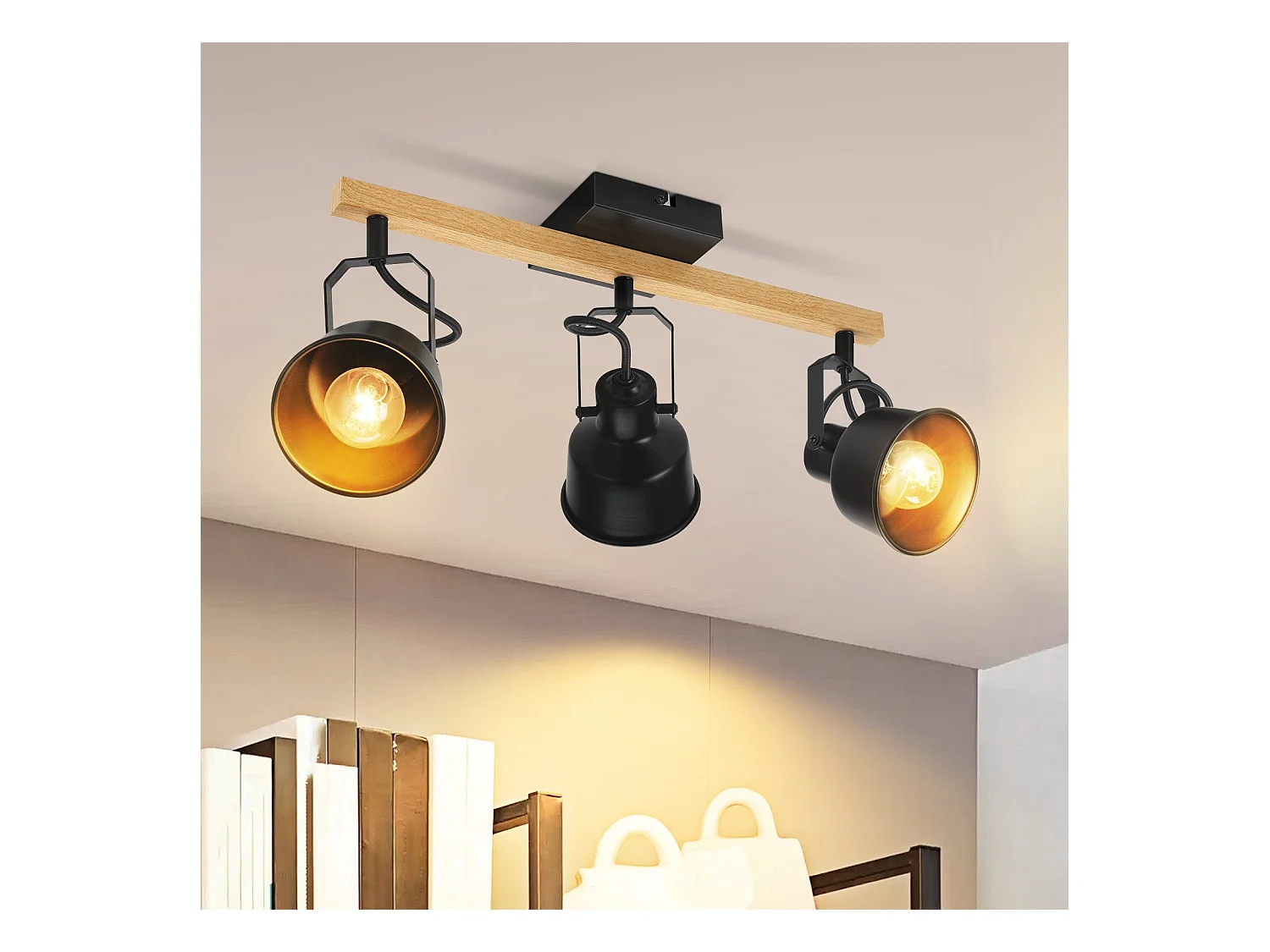 NETTLIFE Spot de Plafond 3 Flammes Orientable à 350° Vintage  E14 de conception de haute qualité en bois veiné
