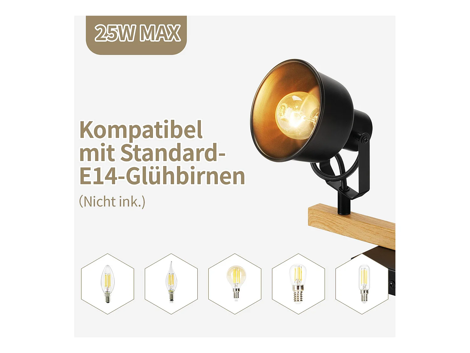 NETTLIFE 3-vlams plafondspot 350° verstelbaar vintage E14 hoogwaardig design in houtnerf