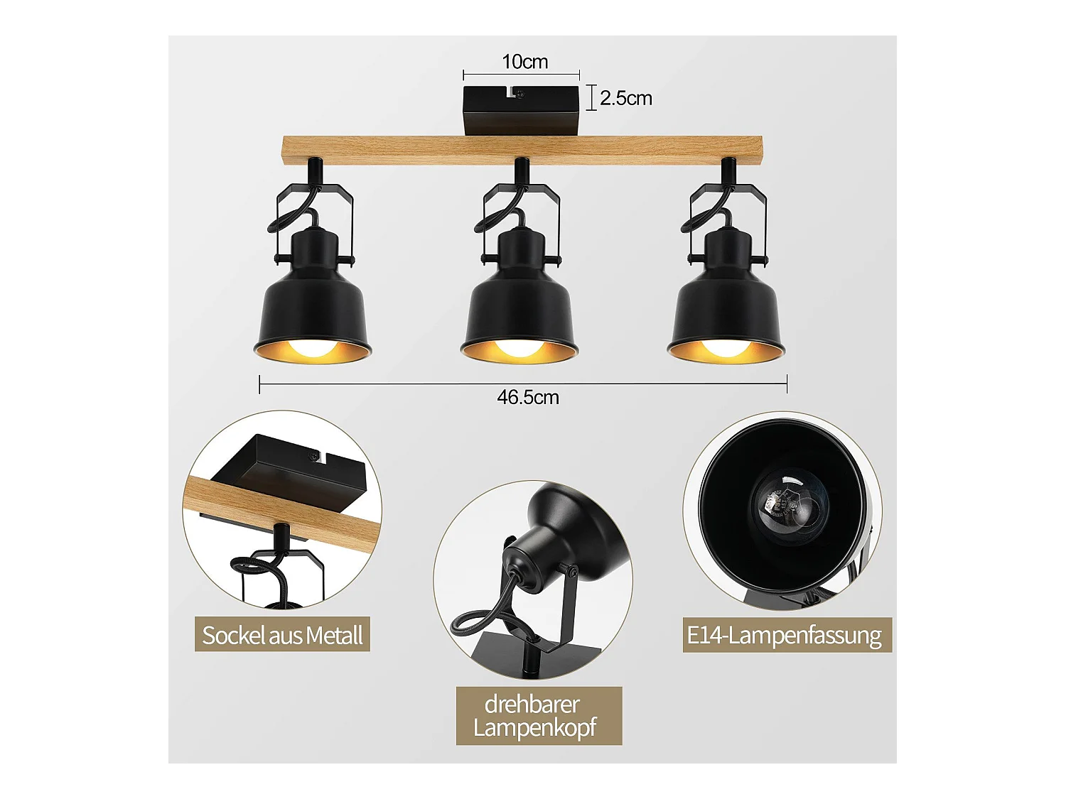NETTLIFE 3-vlams plafondspot 350° verstelbaar vintage E14 hoogwaardig design in houtnerf