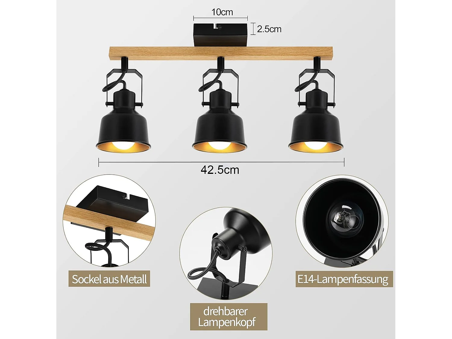 NETTLIFE 3-Flammiger Deckenstrahler 350° verstellbar Vintage E14 Hochwertiges Design in Holzmaserung