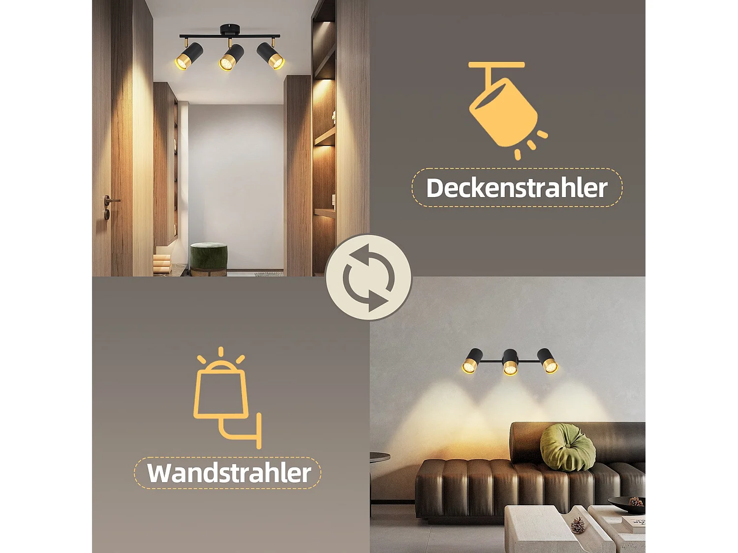 NETTLIFE Spot de plafond GU10 lampe de couloir noir or spot vintage rotatif à 350° pour salon chambre cuisine