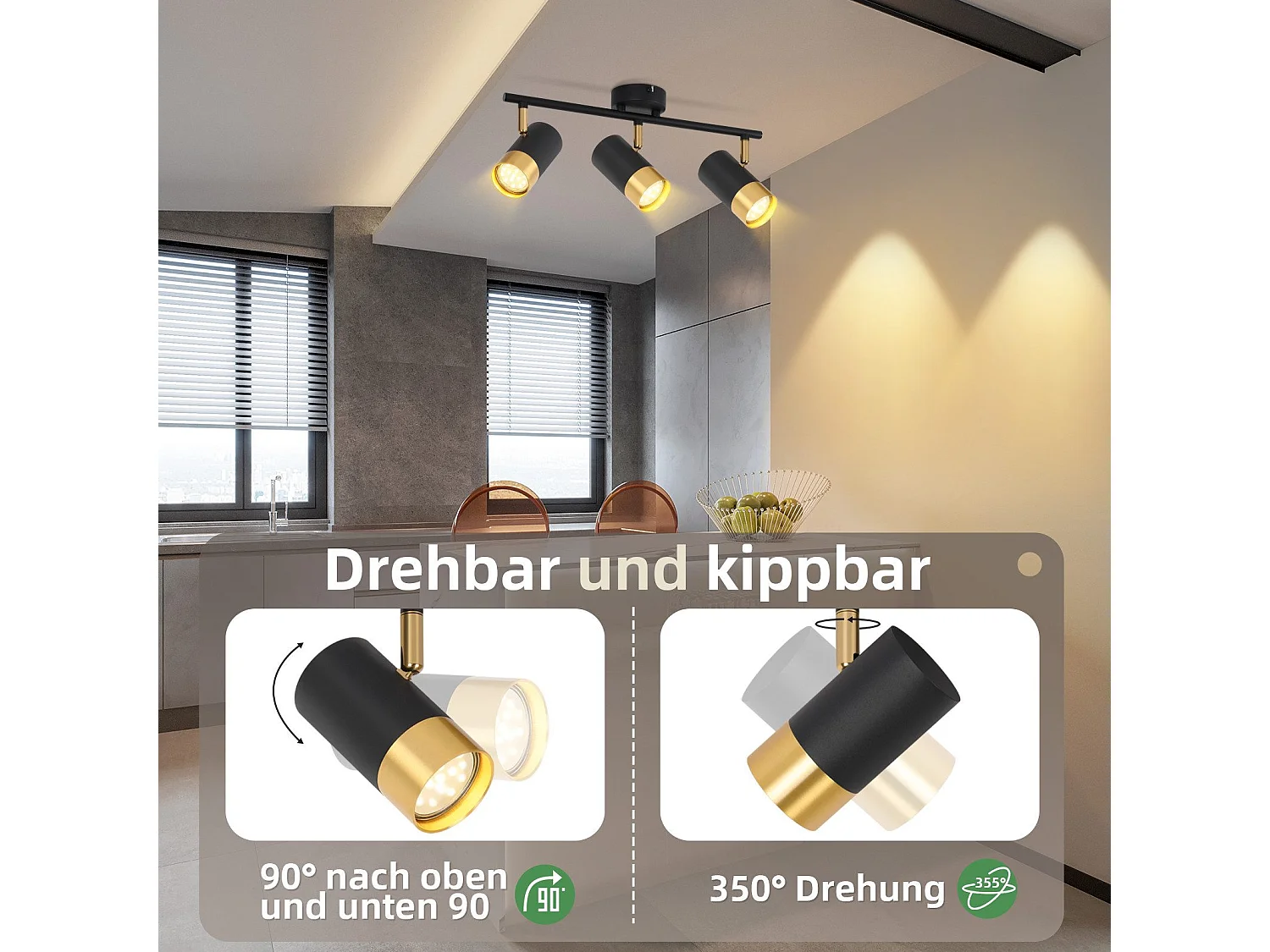 NETTLIFE GU10 Reflektor sufitowy Lampa do korytarza Czarny Złoty Vintage Reflektor 350° Obrotowy do salonu Sypialni Kuchni