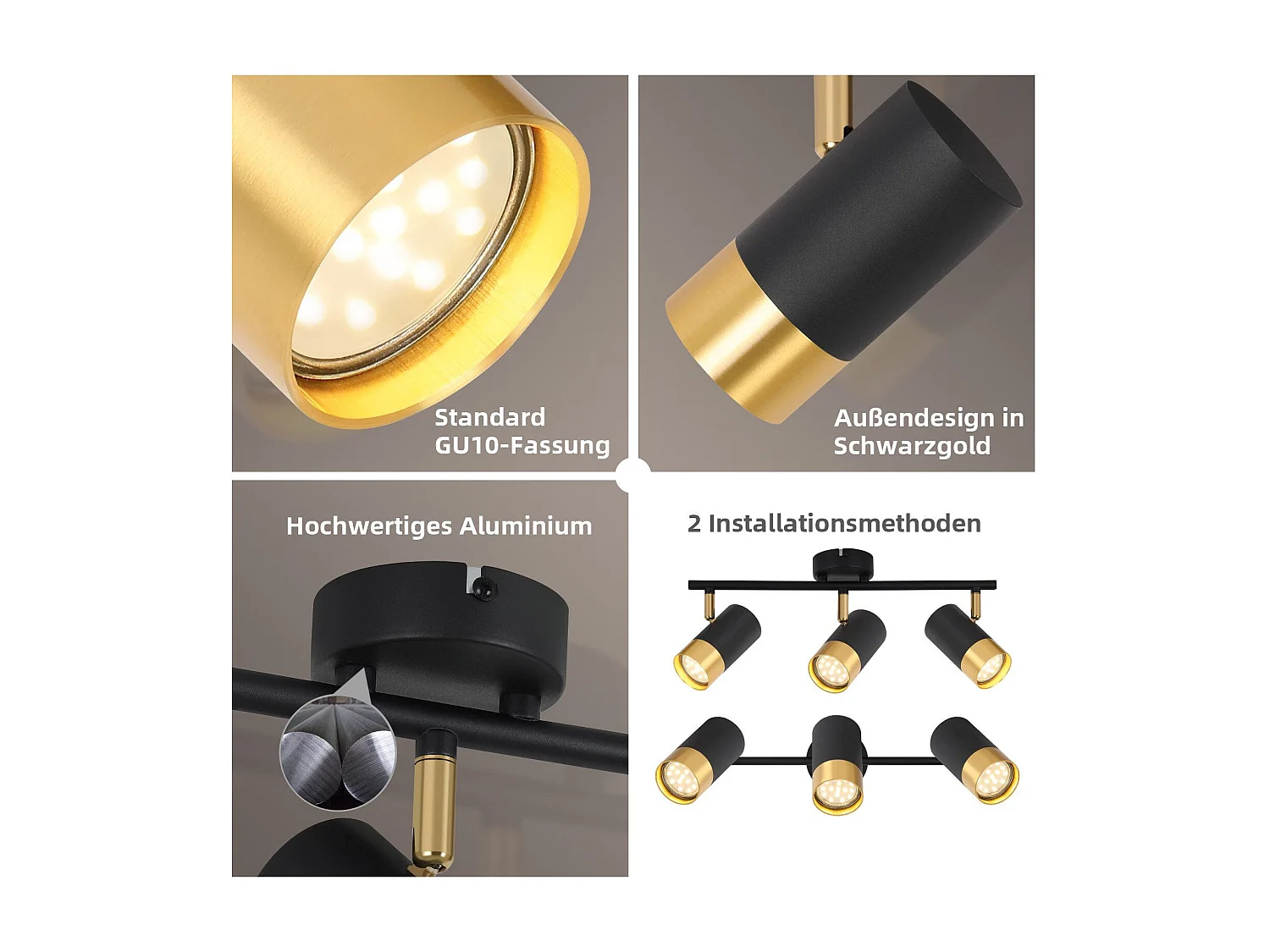 NETTLIFE GU10 Reflektor sufitowy Lampa do korytarza Czarny Złoty Vintage Reflektor 350° Obrotowy do salonu Sypialni Kuchni