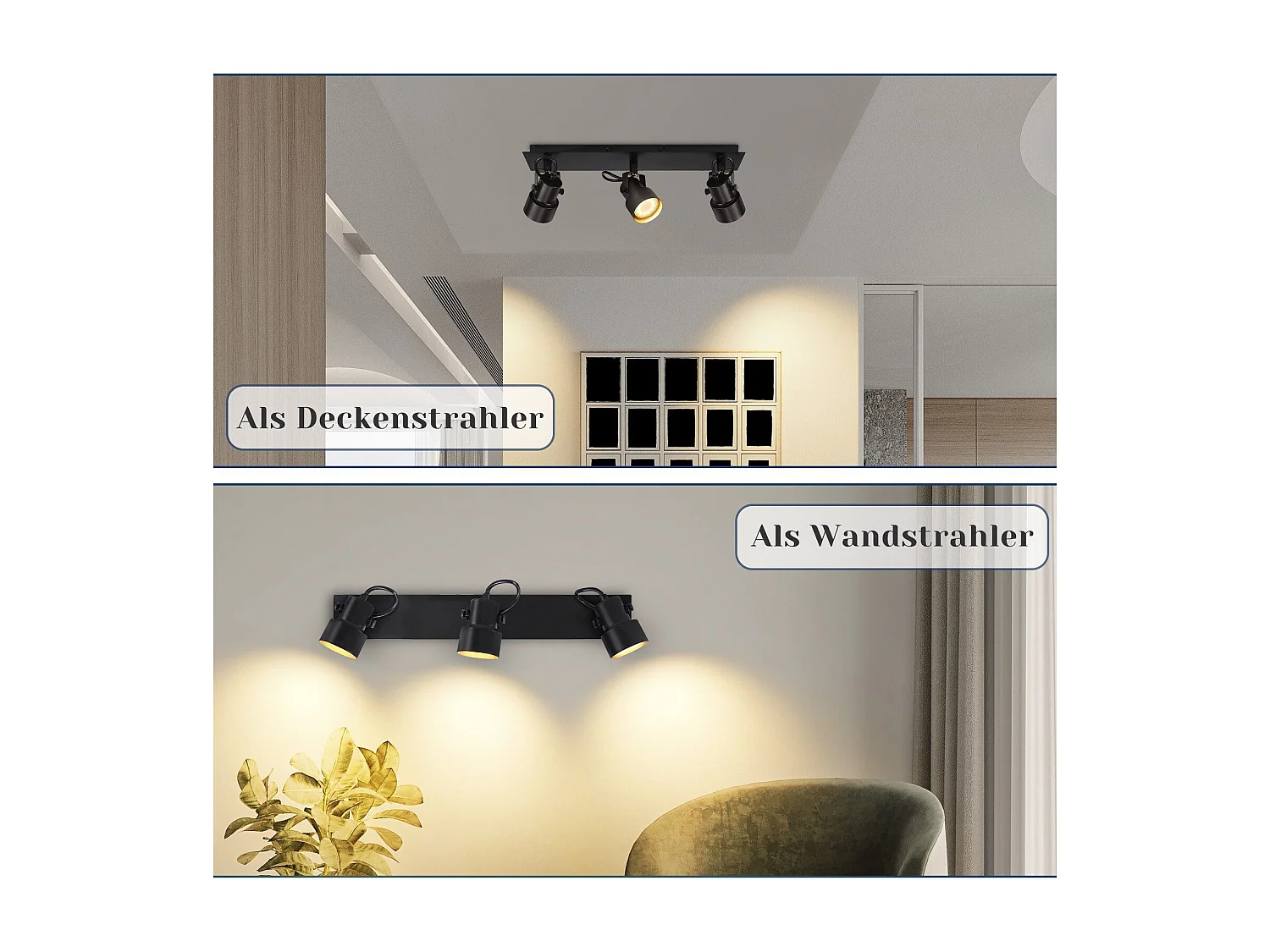 NETTLIFE Spot de Plafond Noir Plafonnier Vintage GU10 Lampe de Cuisine pour Orientable 3 Flammes Vintage 350°