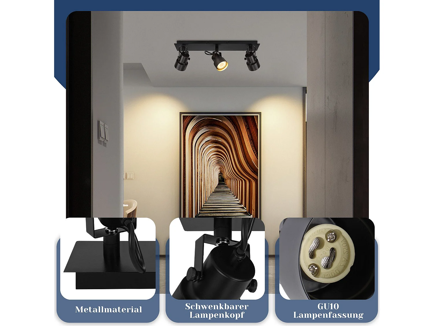 NETTLIFE Schwarz Deckenspot Vintage Deckenleuchte GU10 Küchenlampe für verstellbare 3 Flammen Vintage 350°