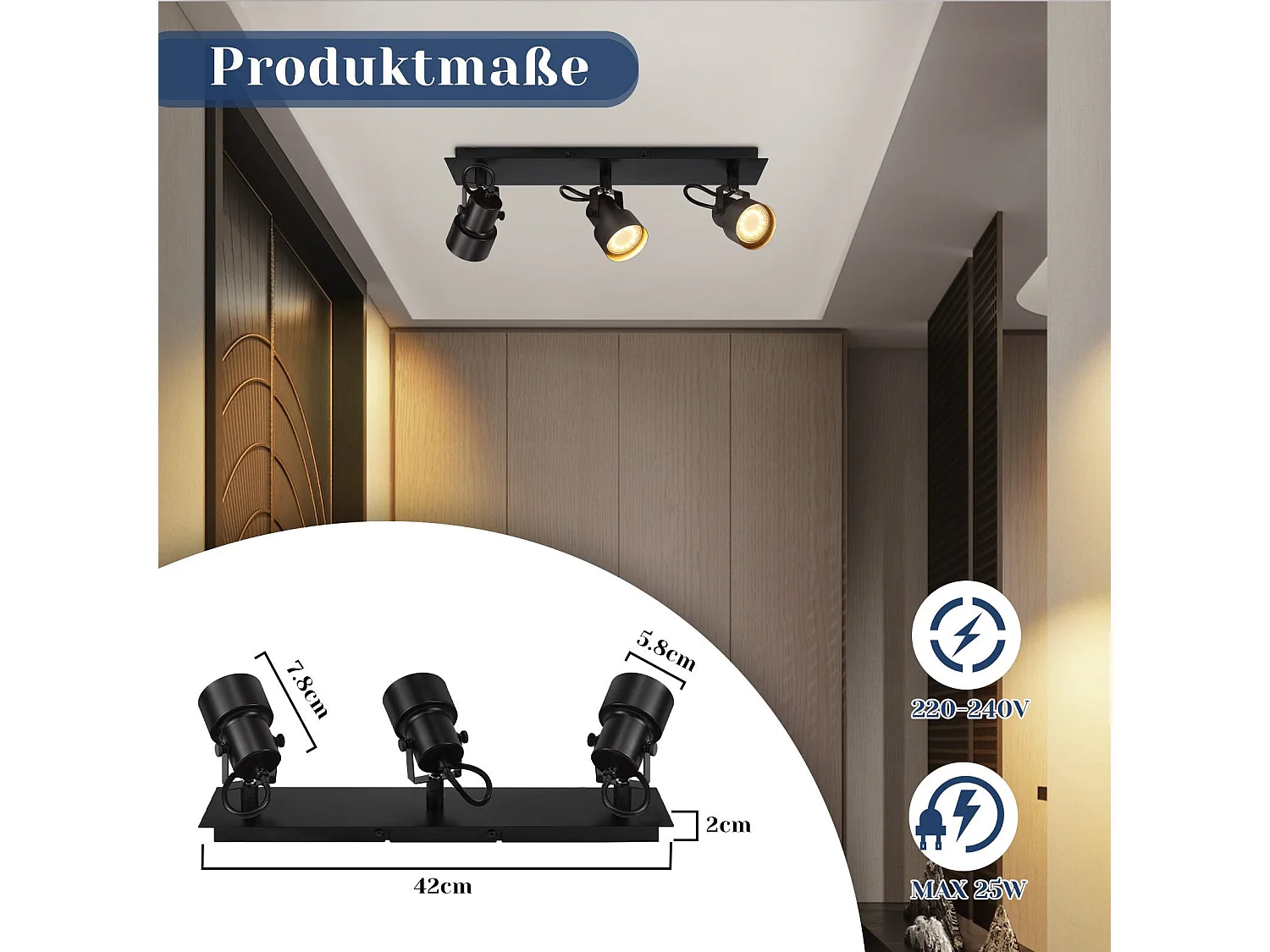 NETTLIFE Schwarz Deckenspot Vintage Deckenleuchte GU10 Küchenlampe für verstellbare 3 Flammen Vintage 350°