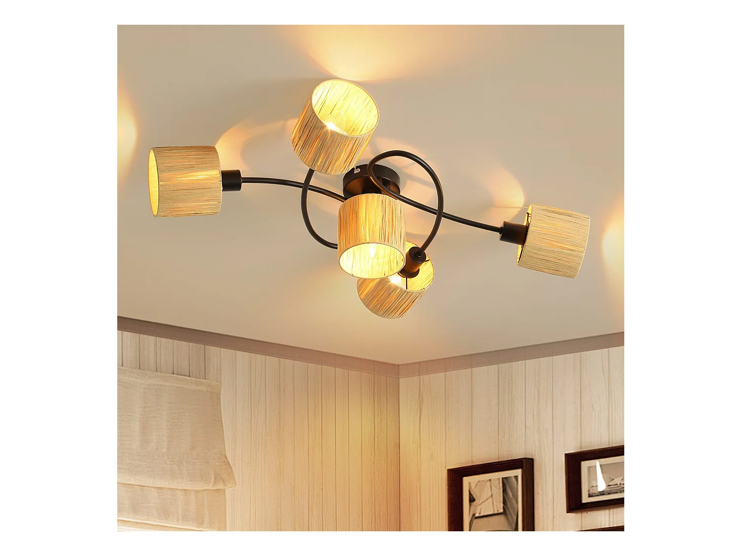Spot De Plafond 5 Flammes E14 Noir Naturel Plafonnier Papier Salon