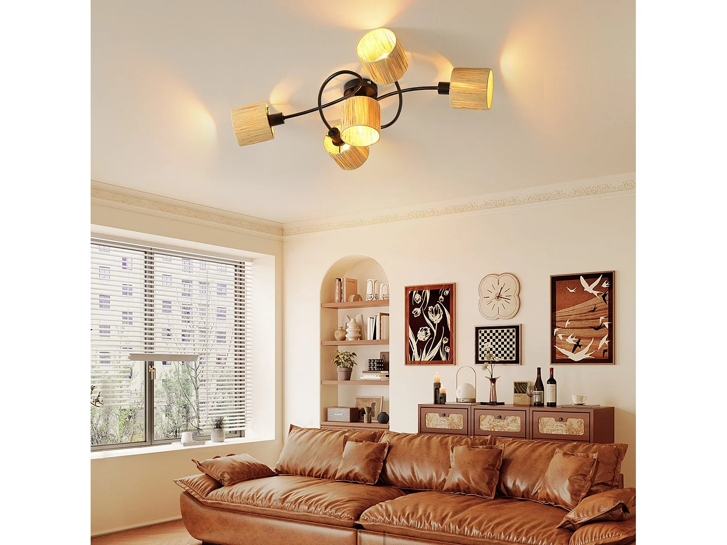 Spot De Plafond 5 Flammes E14 Noir Naturel Plafonnier Papier Salon