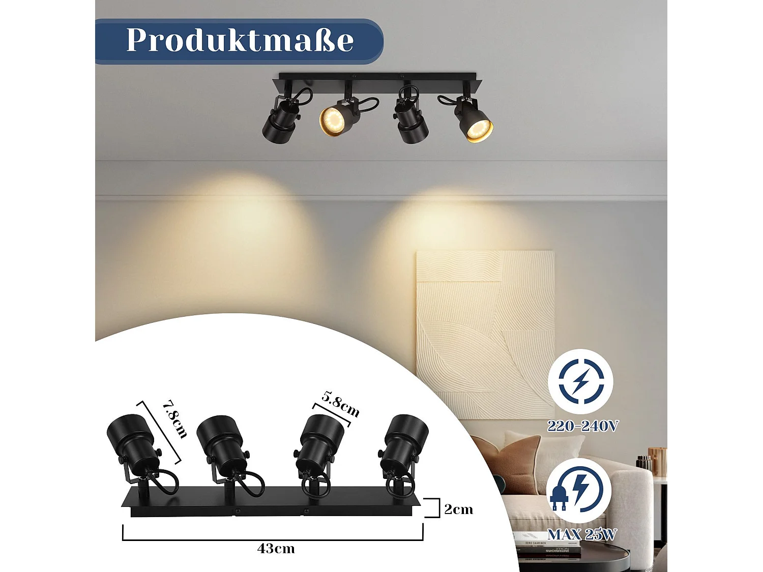 NETTLIFE Czarny sufitowy punktowy vintage lampa sufitowa GU10 lampa kuchenna do regulacji 4 płomienie vintage 350°