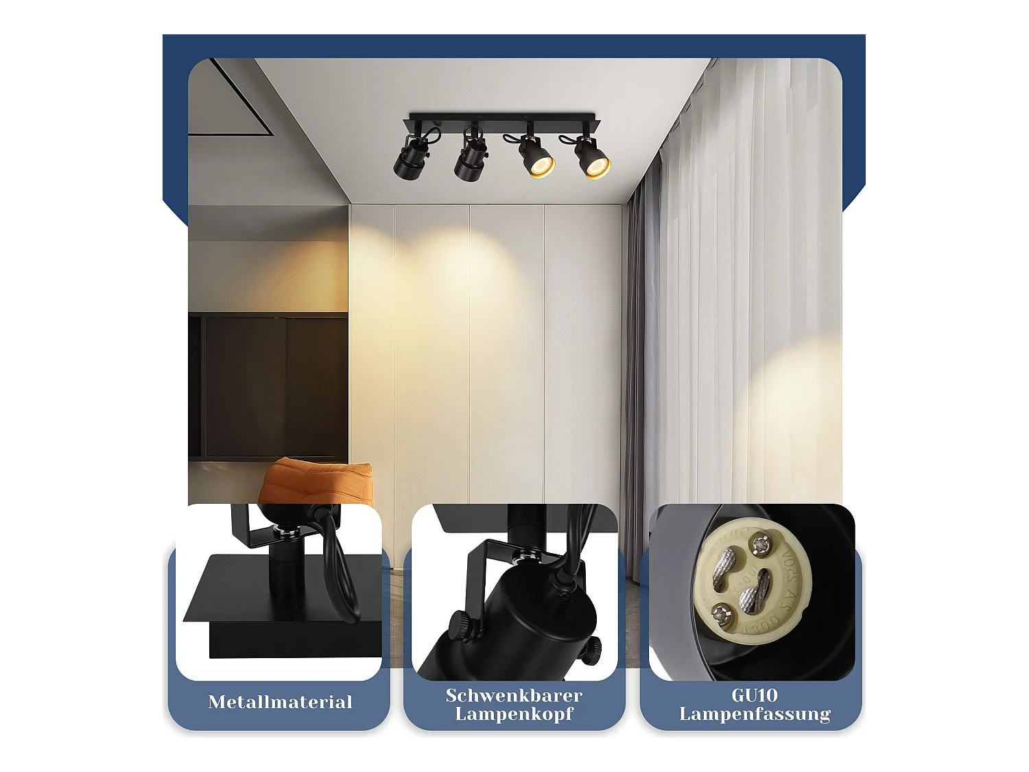 NETTLIFE Zwarte Plafondspot Vintage Plafondlamp GU10 Keukenlamp voor Verstelbare 4 Vlammen Vintage 350°