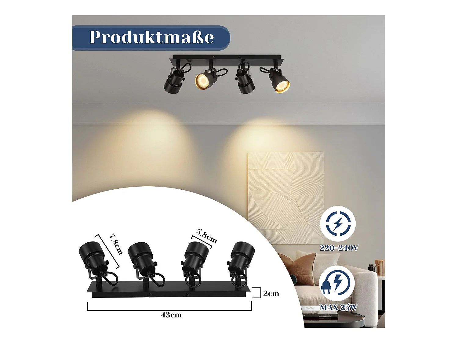 NETTLIFE Zwarte Plafondspot Vintage Plafondlamp GU10 Keukenlamp voor Verstelbare 4 Vlammen Vintage 350°