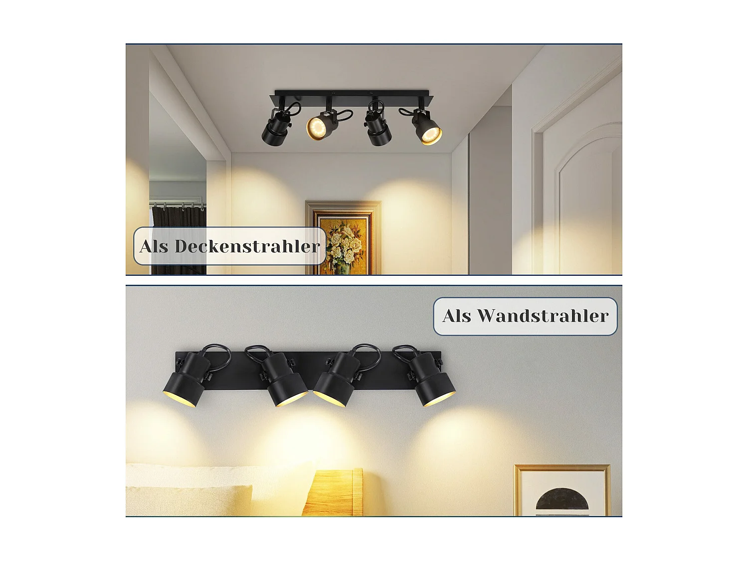 NETTLIFE Spot de Plafond Noir Plafonnier Vintage GU10 Lampe de Cuisine pour Orientable 4 Flammes Vintage 350°