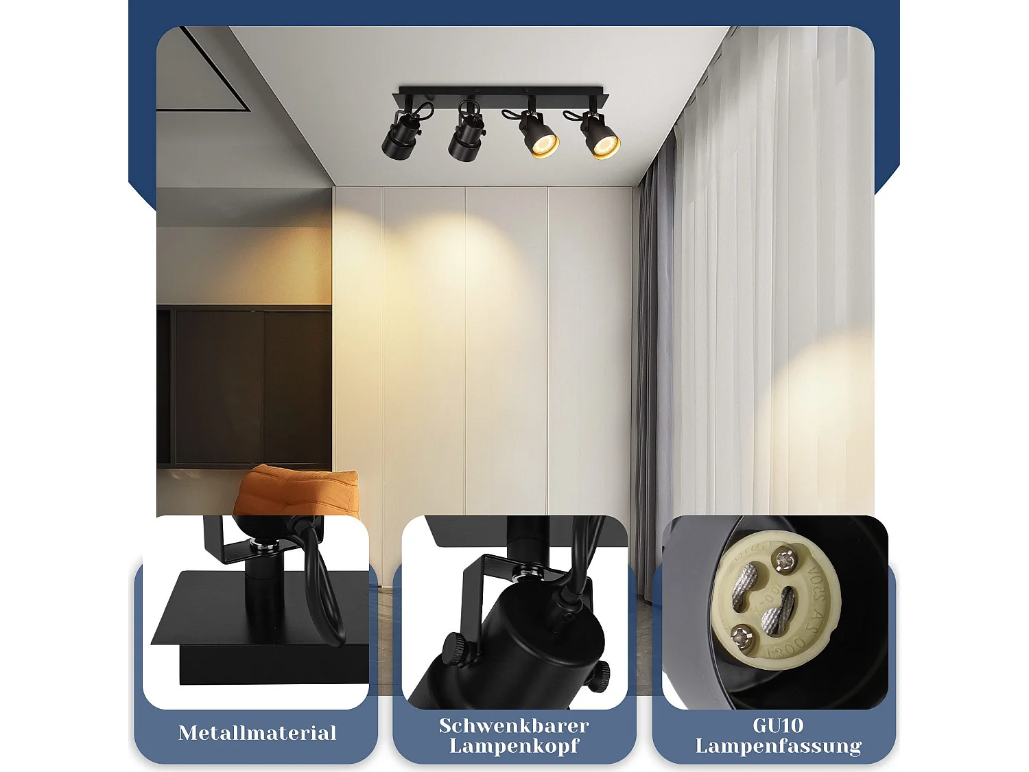 NETTLIFE Spot de Plafond Noir Plafonnier Vintage GU10 Lampe de Cuisine pour Orientable 4 Flammes Vintage 350°