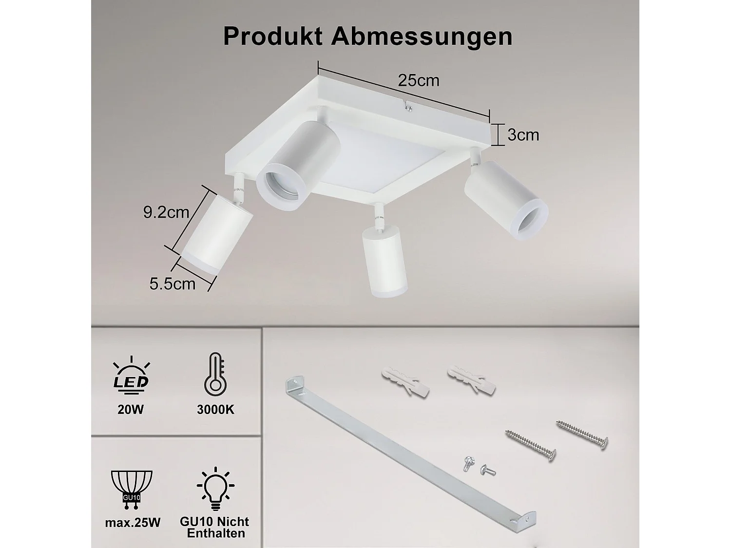 NETTLIFE Plafondspot 4 lampen vierkant 3000K GU10 eenvoudige installatie warm wit 350° verstelbaar modern