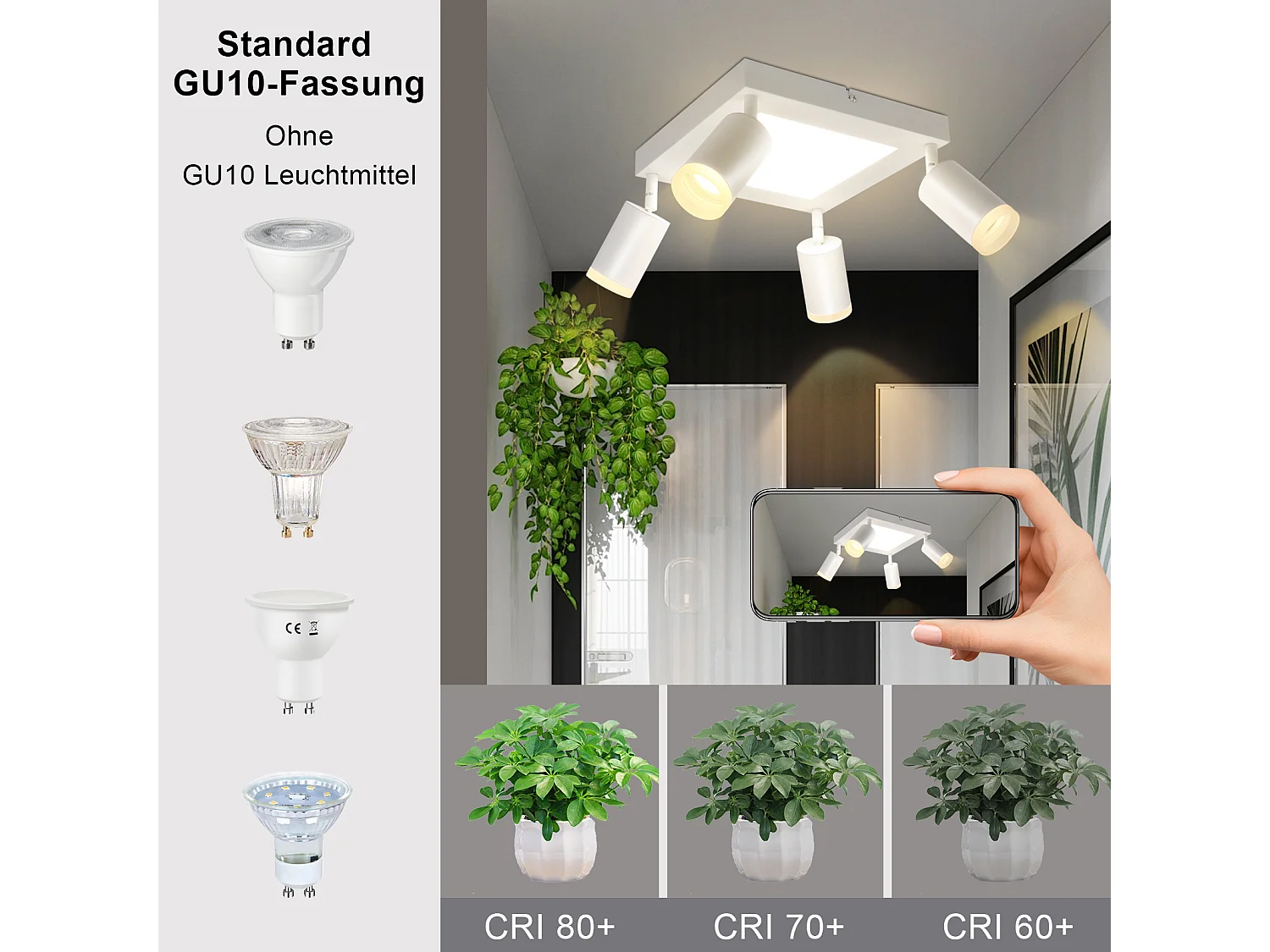 NETTLIFE Plafondspot 4 lampen vierkant 3000K GU10 eenvoudige installatie warm wit 350° verstelbaar modern