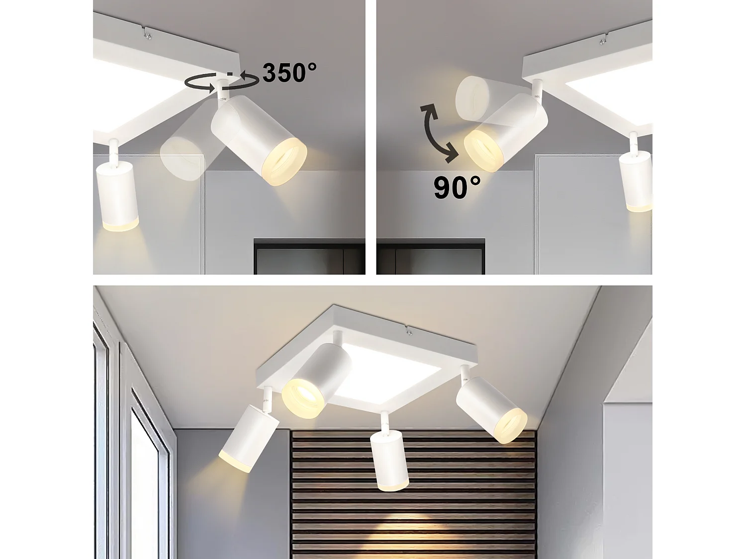 NETTLIFE Faretto quadrato da soffitto a 4 lampadine, 3000K GU10, facile installazione, bianco caldo, orientabile a 350°, moderno