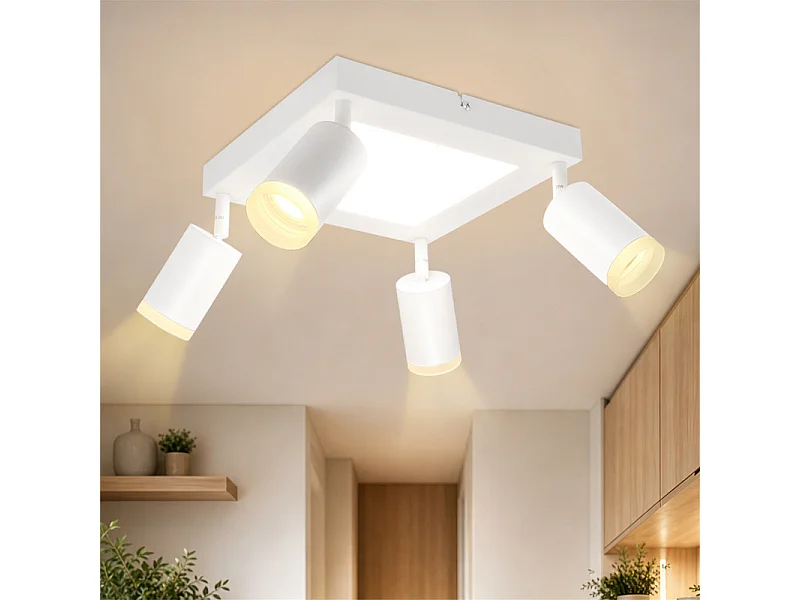NETTLIFE Foco de techo 4 focos cuadrado 3000K GU10 fácil instalación blanco cálido orientable 350° moderno