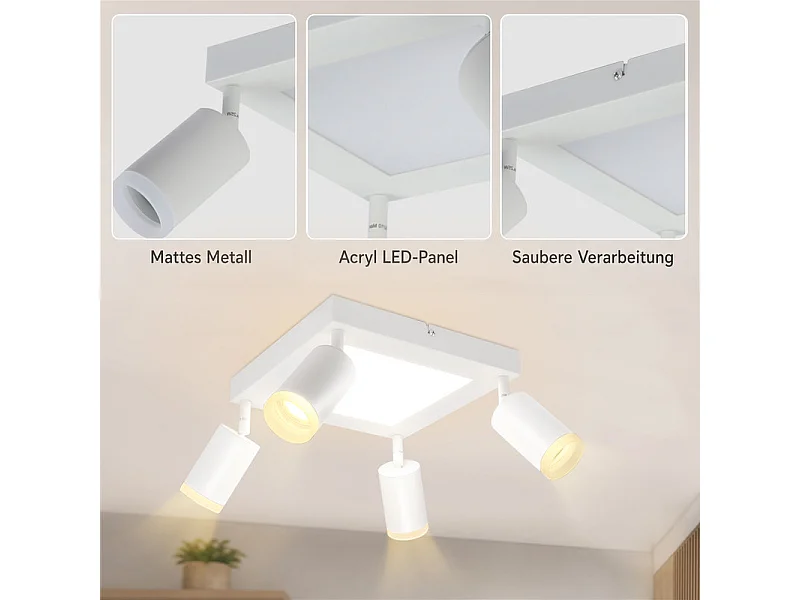 NETTLIFE Foco de techo 4 focos cuadrado 3000K GU10 fácil instalación blanco cálido orientable 350° moderno