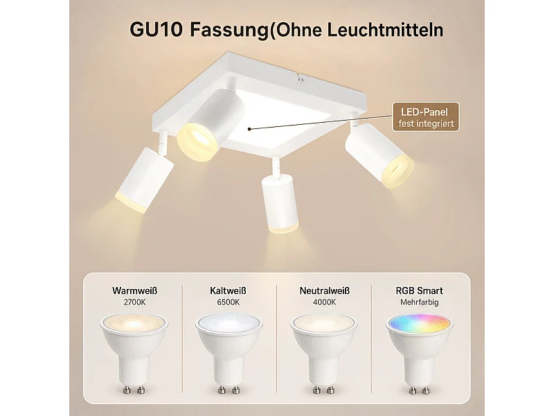 NETTLIFE Foco de techo 4 focos cuadrado 3000K GU10 fácil instalación blanco cálido orientable 350° moderno