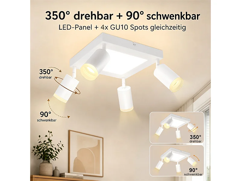 NETTLIFE Foco de techo 4 focos cuadrado 3000K GU10 fácil instalación blanco cálido orientable 350° moderno