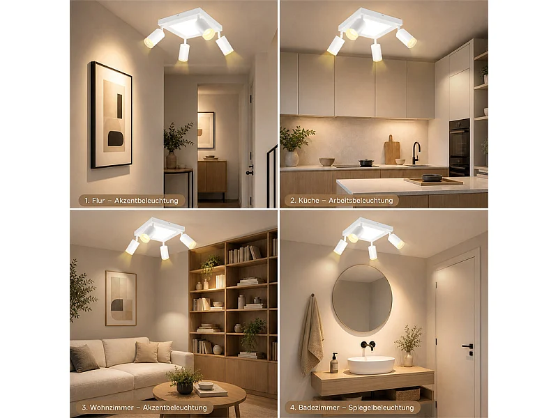 NETTLIFE Foco de techo 4 focos cuadrado 3000K GU10 fácil instalación blanco cálido orientable 350° moderno