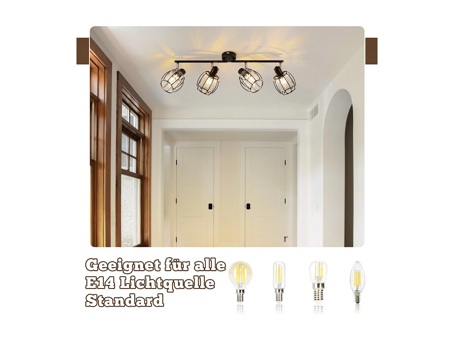 Zestaw 4 zabytkowych czarnych kryształowych reflektorów sufitowych E14 do przedpokoju, obrotowych 350°, industrialnych