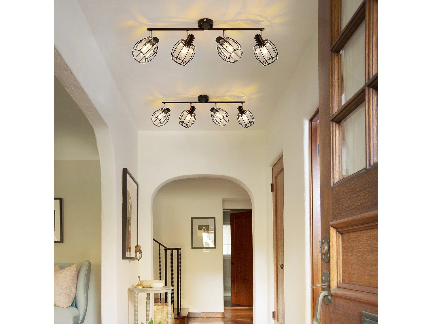 Zestaw 4 zabytkowych czarnych kryształowych reflektorów sufitowych E14 do przedpokoju, obrotowych 350°, industrialnych