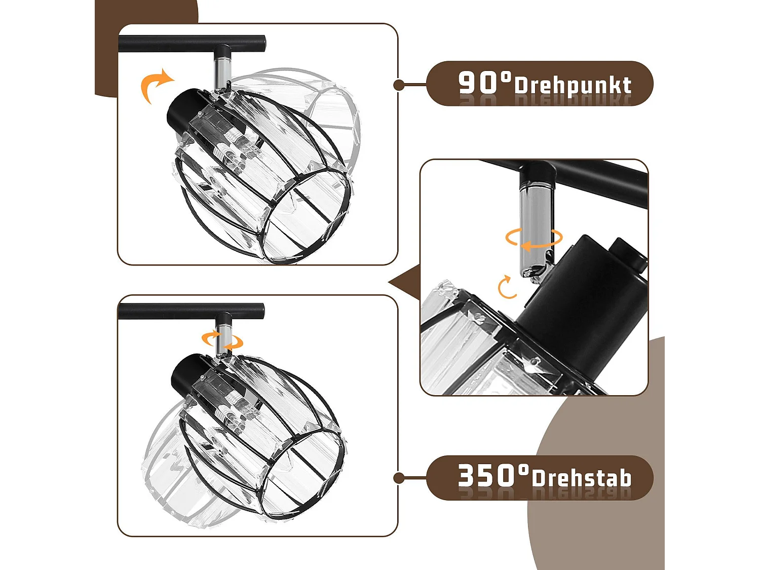 Lot De 4 Spots De Plafond En Cristal Noir Vintage E14 Pour Couloir, Pivotant à 350°, Industriel